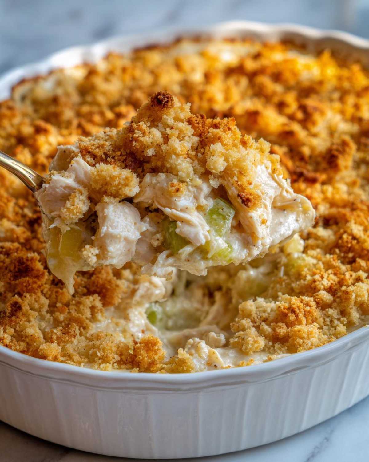 A spoonful of creamy hot chicken salad with celery and a crunchy topping being lifted from a white baking dish.