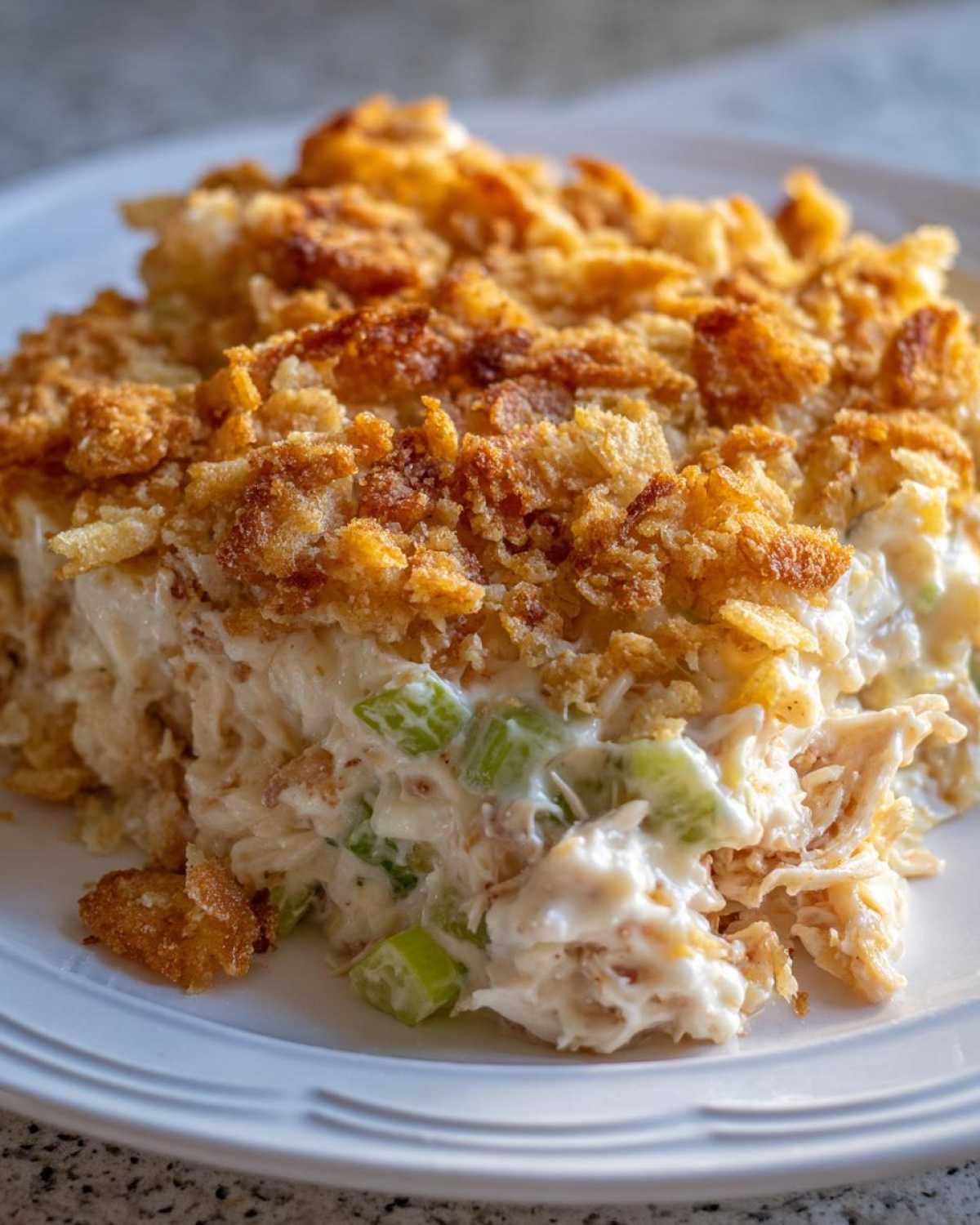 Close-up of a serving of hot chicken salad casserole with creamy sauce, shredded chicken, celery, and a golden, crunchy topping.