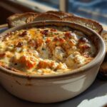A close-up of hot, baked reuben dip topped with melted cheese and spices, served with toasted bread slices.