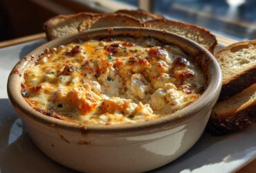 A close-up of hot, baked reuben dip topped with melted cheese and spices, served with toasted bread slices.