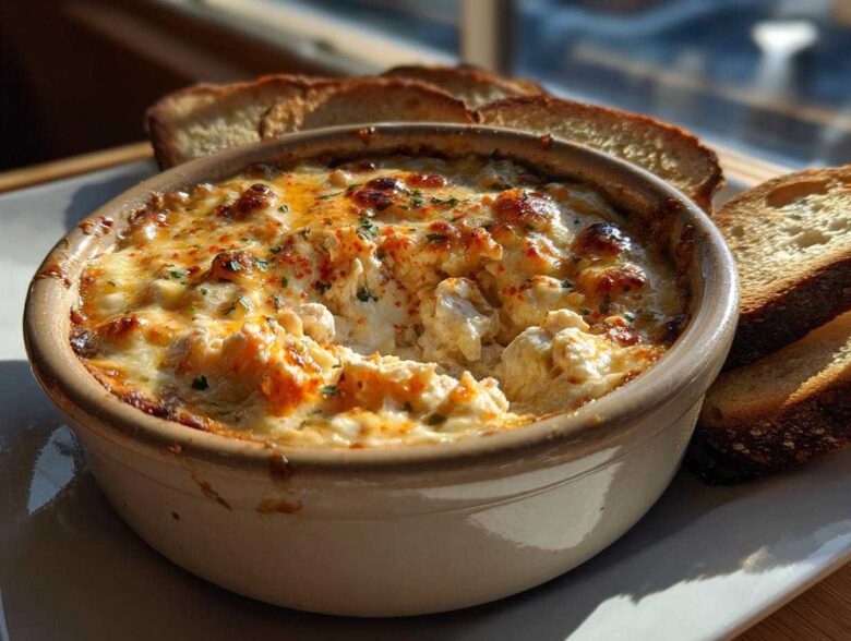 A close-up of hot, baked reuben dip topped with melted cheese and spices, served with toasted bread slices.