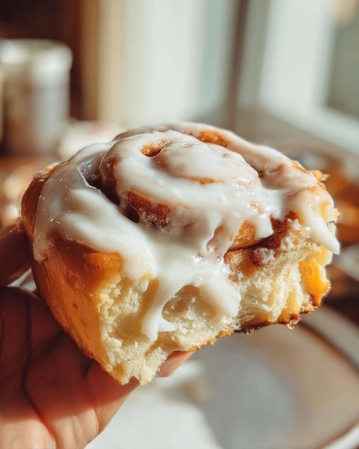 A hand holding a soft, freshly baked cinnamon roll generously topped with white icing, showing the fluffy interior.