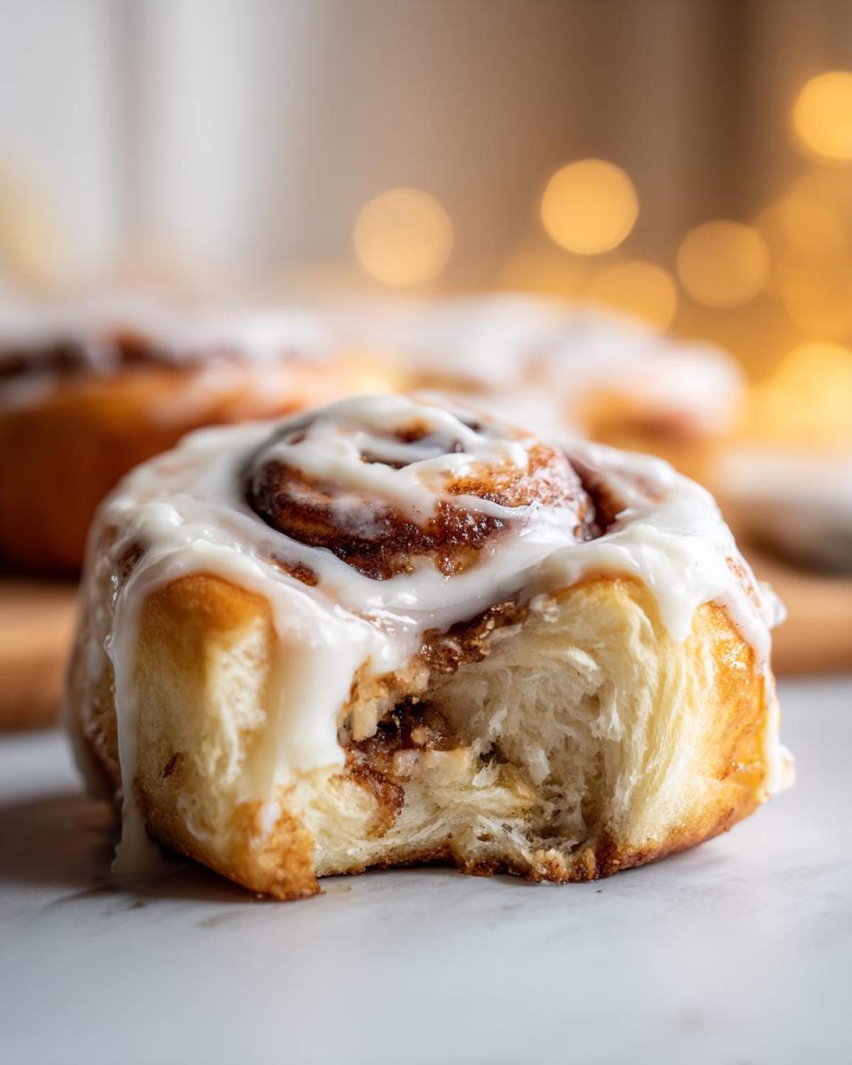 A close-up of a fluffy, freshly baked cinnamon roll covered in white icing, with a bite revealing the soft interior.