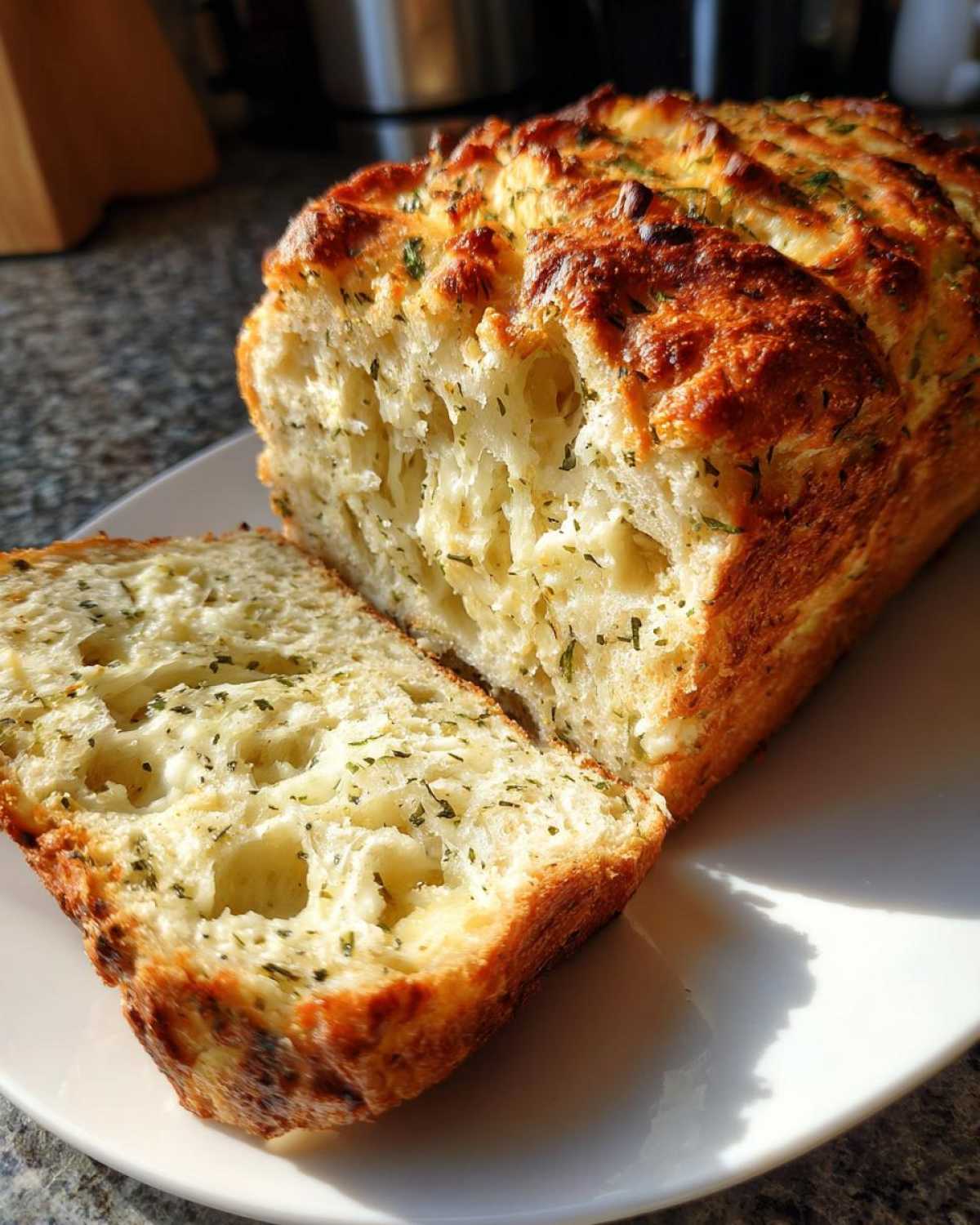 A freshly baked loaf of Italian herb and cheese bread, with one slice cut and resting beside it on a white plate.