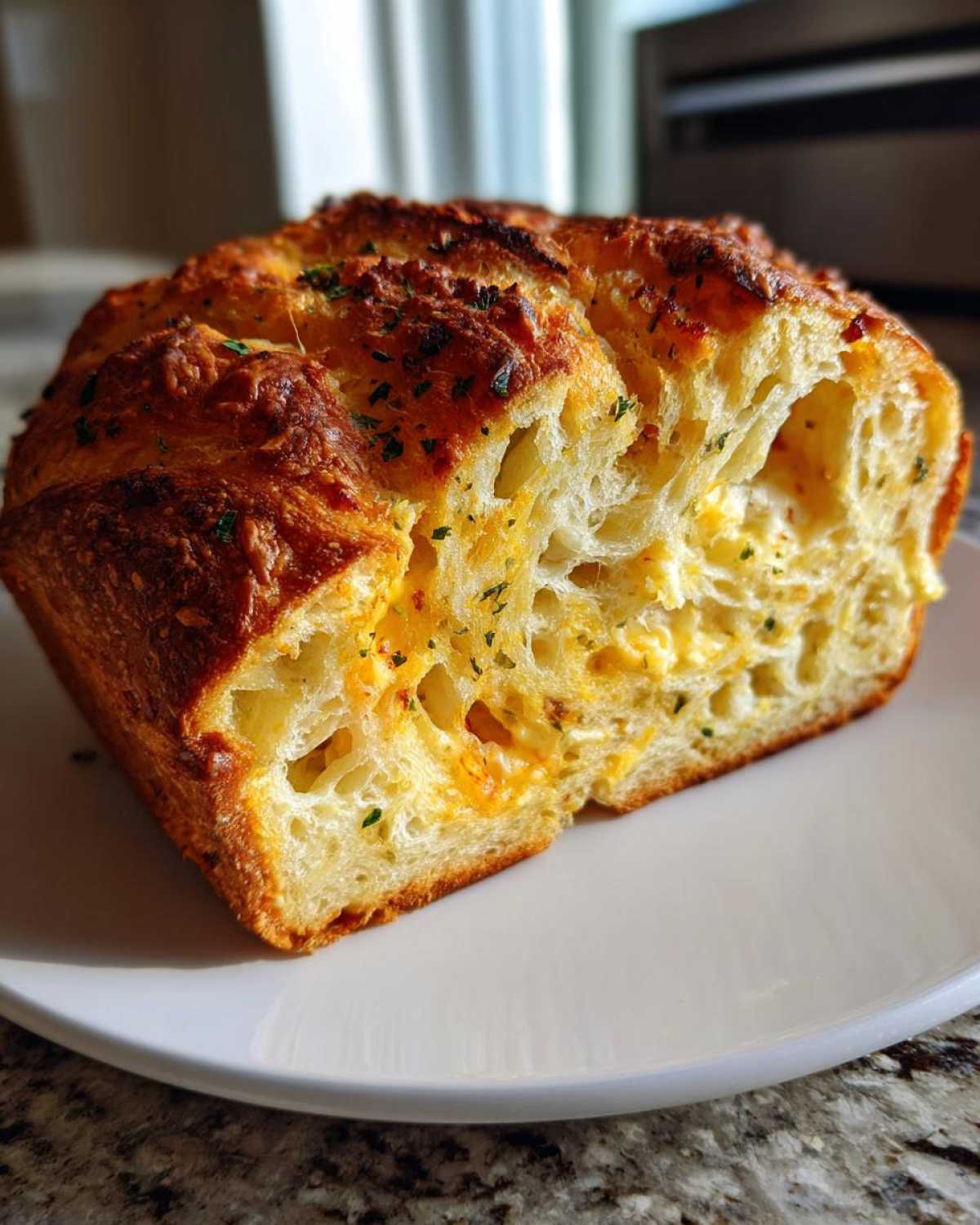 A golden-brown loaf of Italian herb and cheese bread, sliced to show the cheesy, airy interior.
