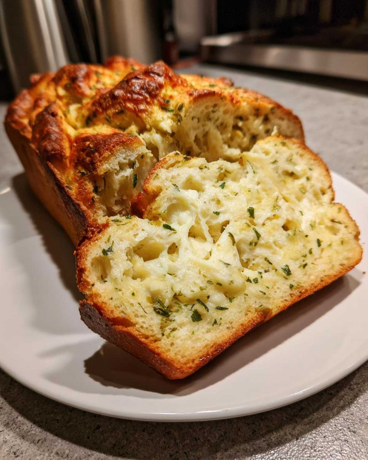 A thick slice cut from a loaf of Italian herb and cheese bread, showing melted cheese and green herbs inside.