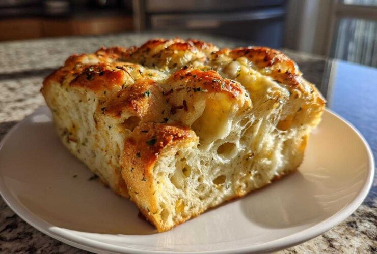 A thick, golden slice of Italian herb and cheese bread showing a cheesy, airy interior on a white plate.