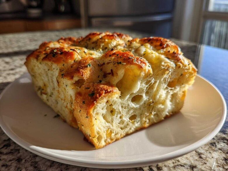 A thick, golden slice of Italian herb and cheese bread showing a cheesy, airy interior on a white plate.