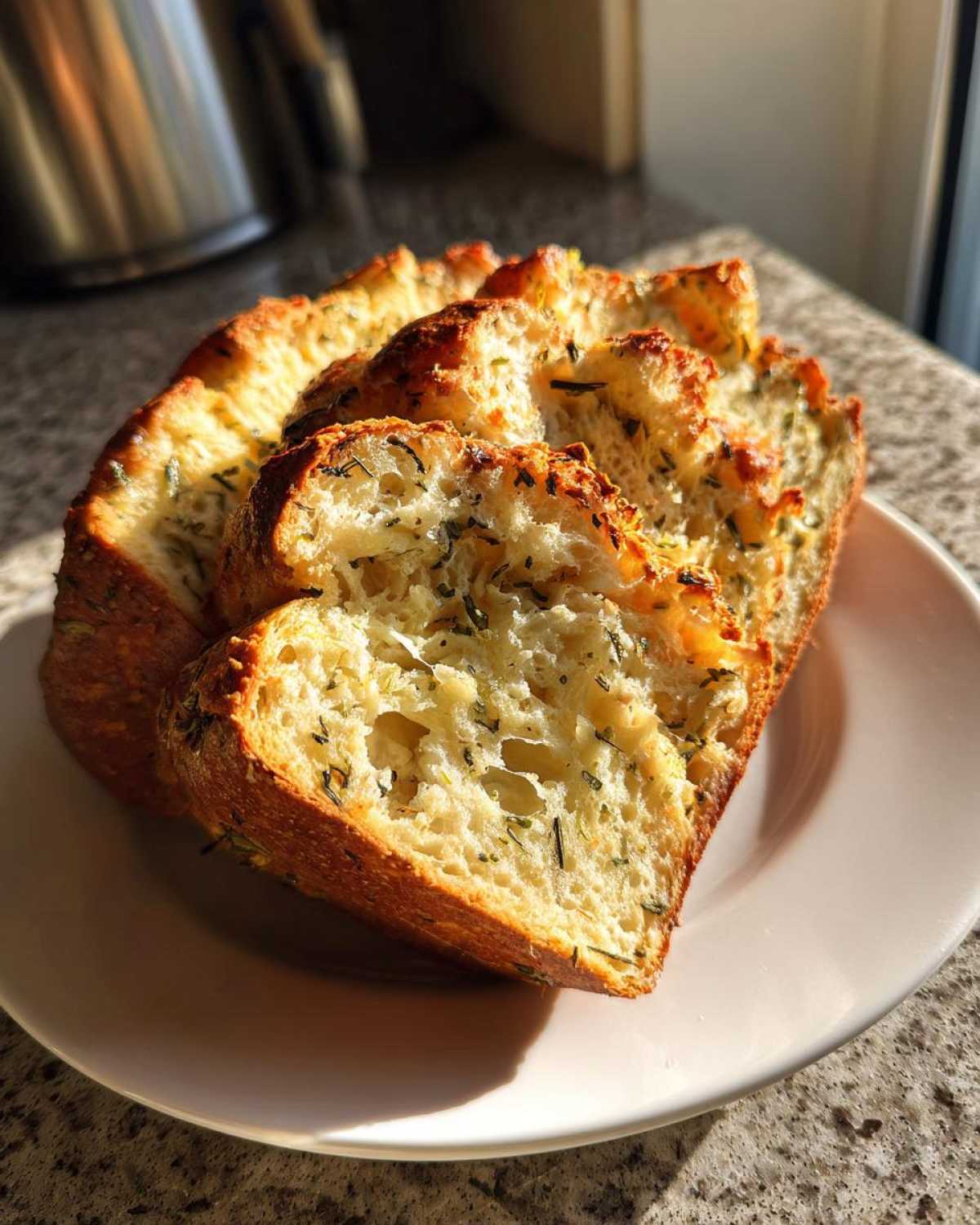 Close-up of three thick slices of Italian herb and cheese bread, showing the airy interior and golden, herb-flecked crust.