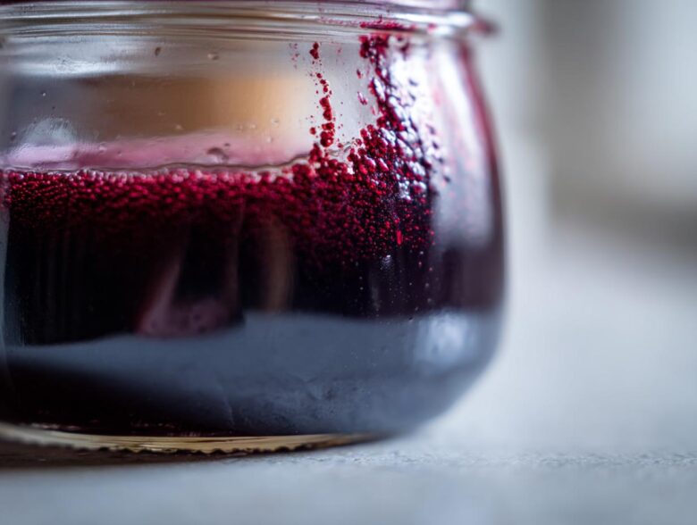 Close-up of dark purple elderberry syrup recipe liquid with vibrant red foam clinging to the inside of a small glass jar.