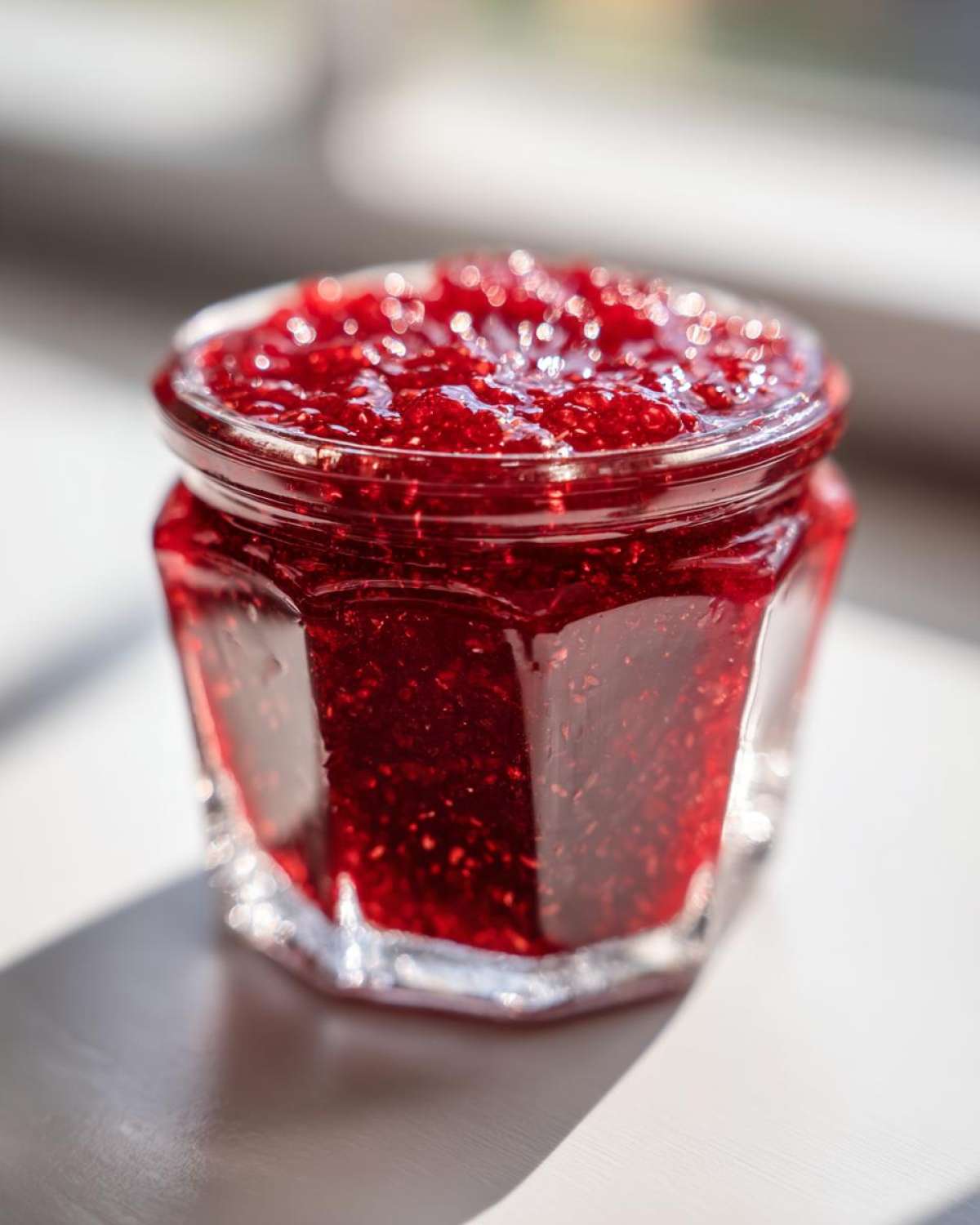 Close-up of a small glass jar filled with vibrant, chunky raspberry jam, sitting in bright sunlight.