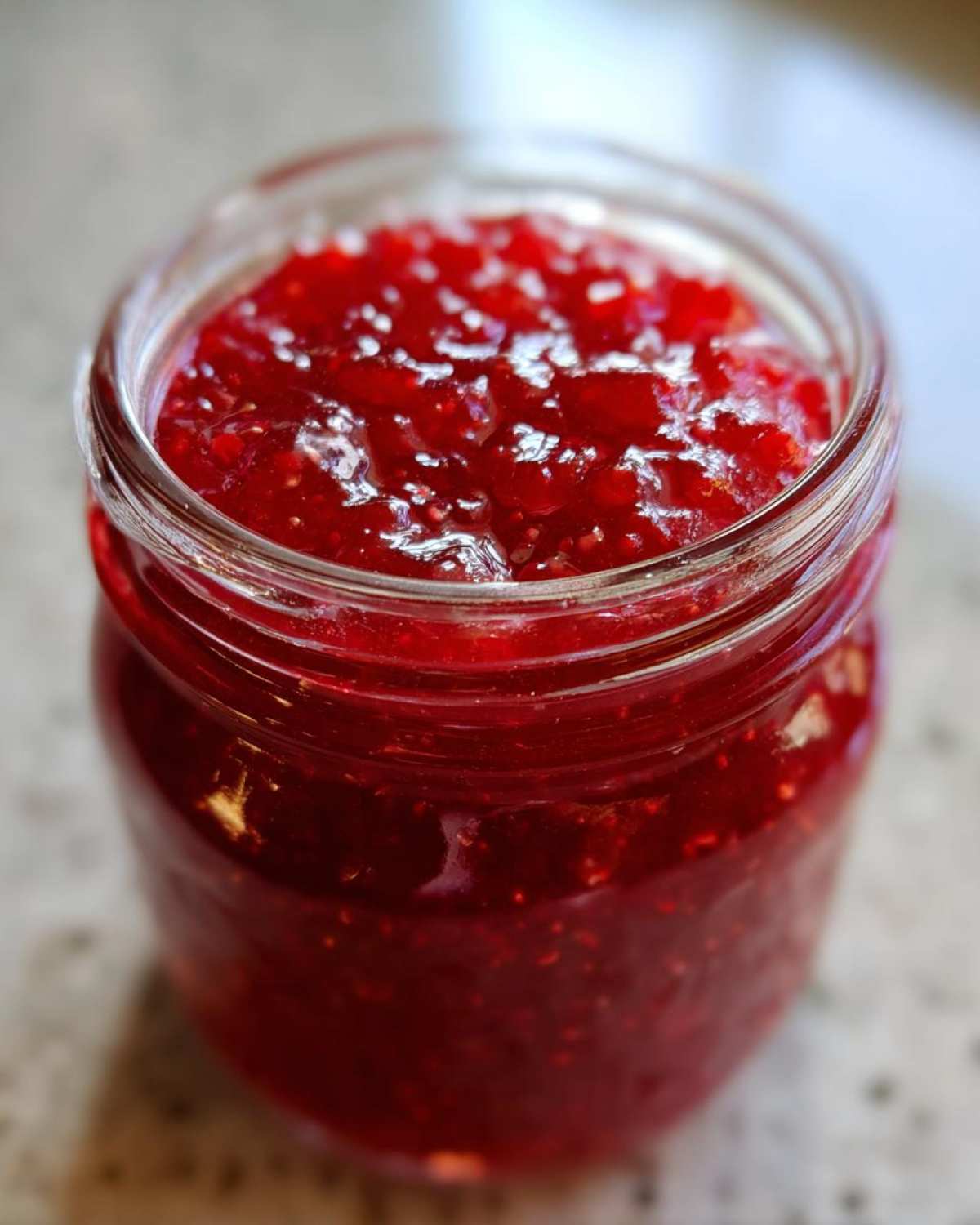 Close-up of a glass jar filled with glistening, bright red homemade raspberry jam.