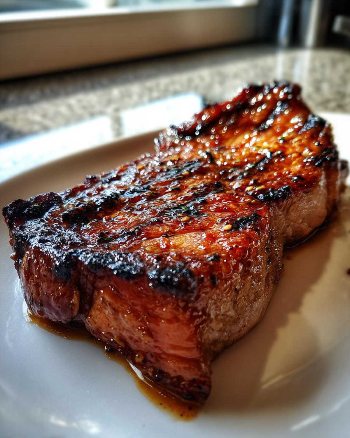 Close-up of a perfectly cooked, juicy pork steak recipe with a dark, glossy glaze and char marks.