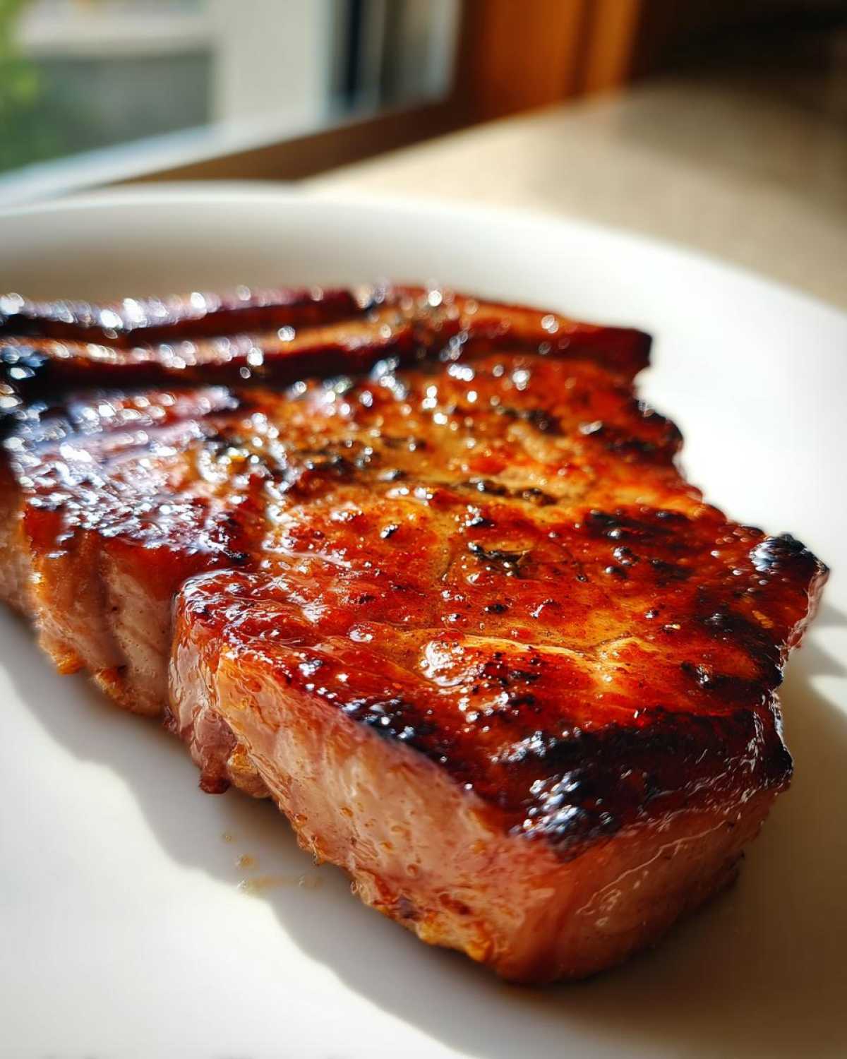 Close-up of a perfectly cooked, juicy pork steak recipe with a beautiful caramelized, glossy glaze.