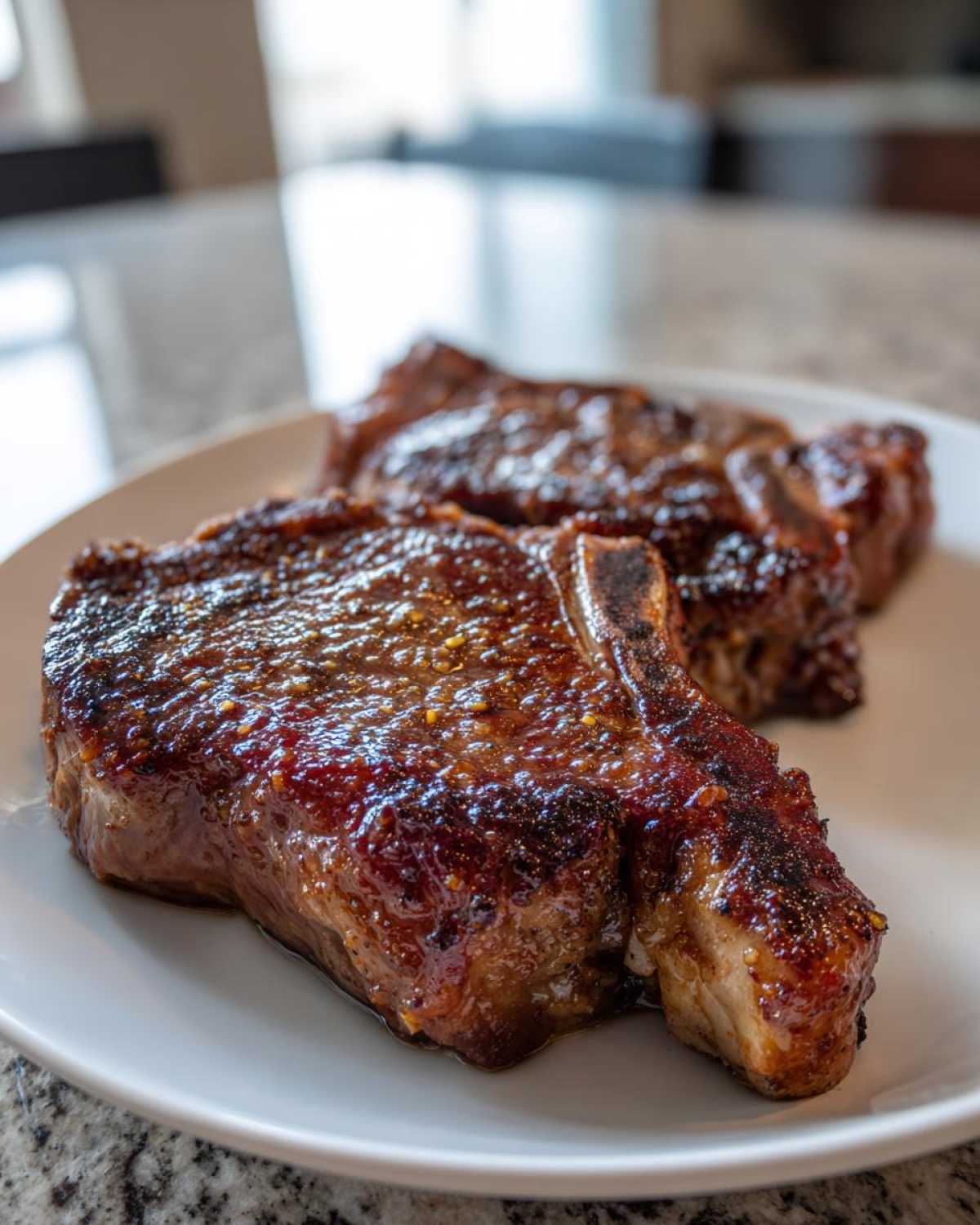 Close-up of two beautifully glazed, bone-in pork steak recipe cuts resting on a white plate.
