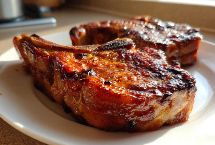 Close-up of two perfectly seared and glazed pork steak cuts on a white plate, highlighting the juicy texture.