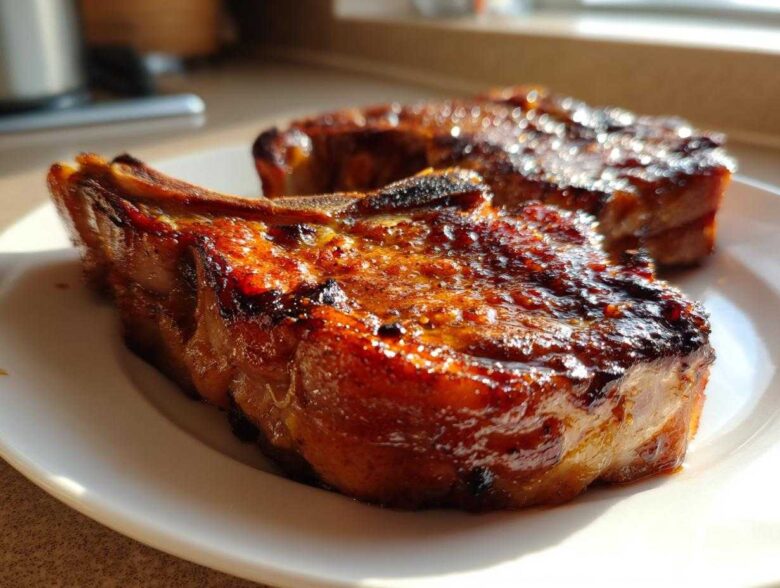 Close-up of two perfectly seared and glazed pork steak cuts on a white plate, highlighting the juicy texture.