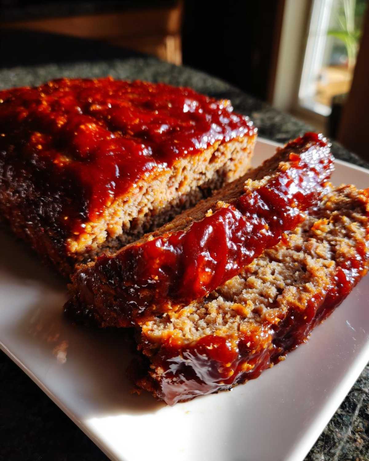 Close-up of a juicy meatloaf topped with a thick, glossy glaze, with two slices cut and resting on a white plate.