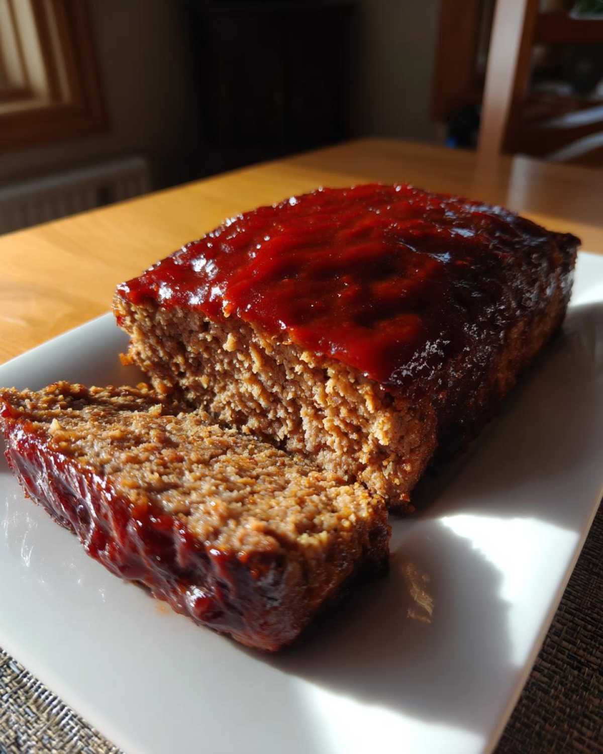 A freshly baked, juicy meatloaf topped with a thick red glaze, with one slice cut and resting beside it.