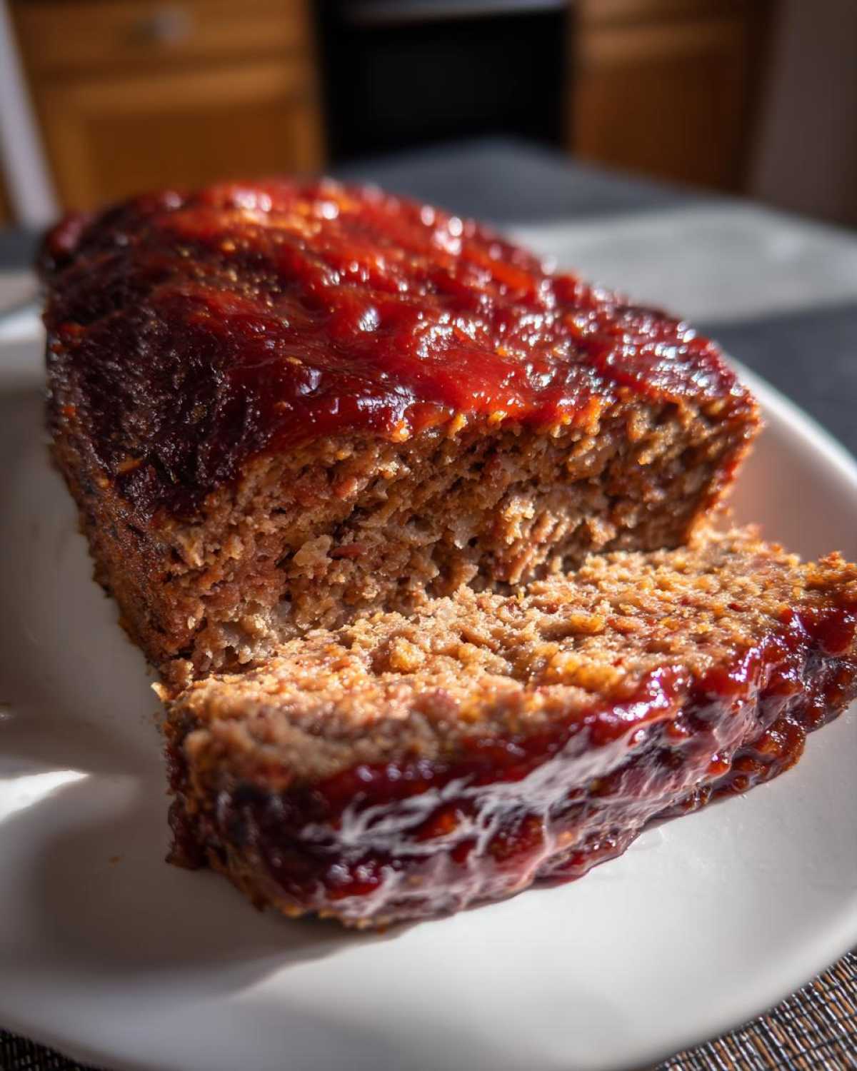 A close-up of a juicy meatloaf loaf with a slice cut, covered in a shiny red glaze.