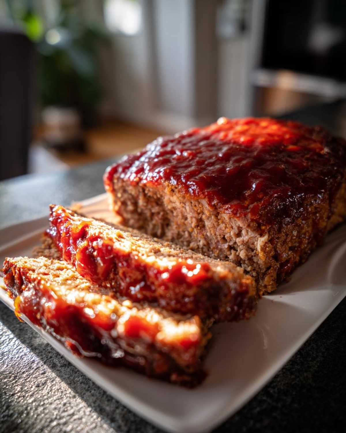 A freshly baked meatloaf, partially sliced, covered in a thick, shiny red glaze.