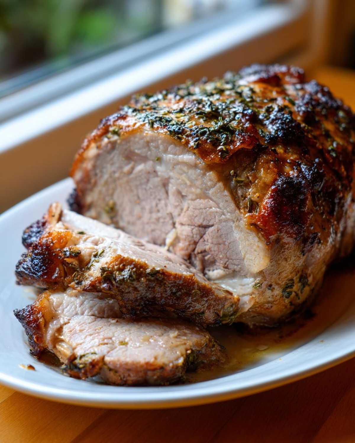 Close-up of a juicy pork loin roast, sliced to show the tender interior and herb crust.