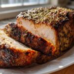 Close-up of a perfectly cooked, juicy pork loin roast with a dark, herbed crust, sliced on a white plate.