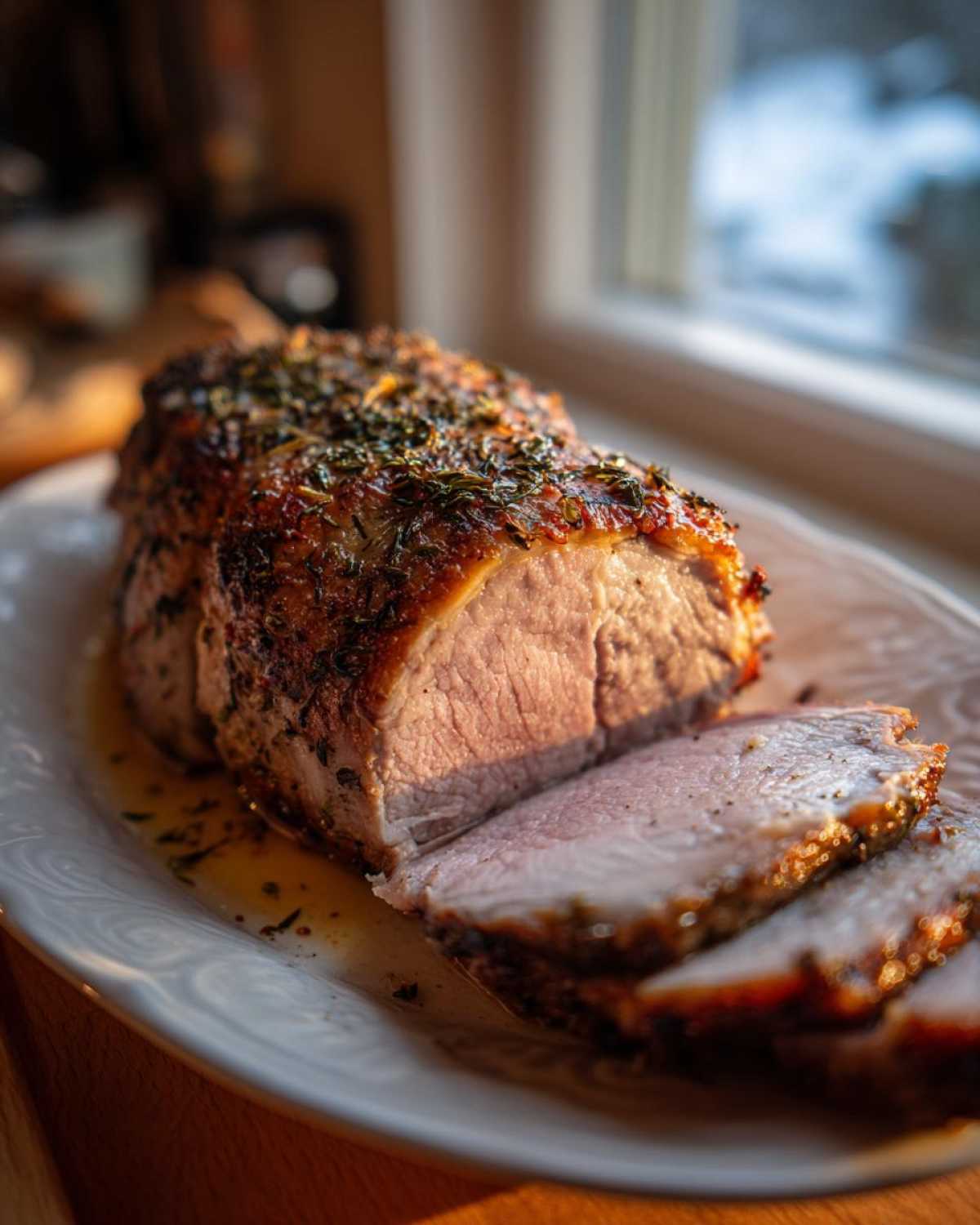 Close-up of a juicy pork loin roast, partially sliced, showing the pink interior and herb crust.