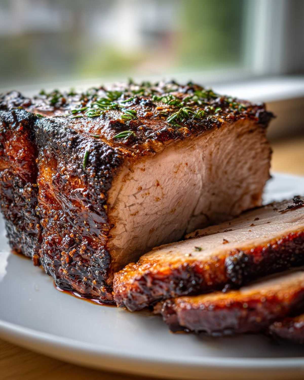 Close-up of a juicy pork loin roast, sliced, showing a dark, caramelized crust and fresh herbs.