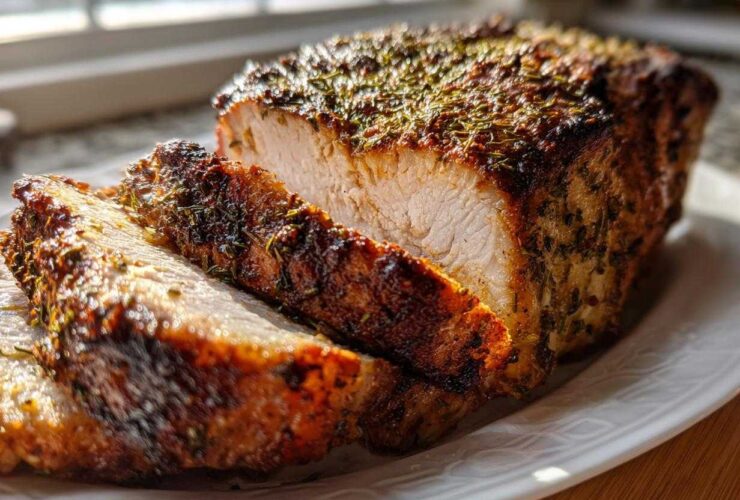 Close-up of a perfectly cooked, juicy pork loin roast with a dark, herbed crust, sliced on a white plate.