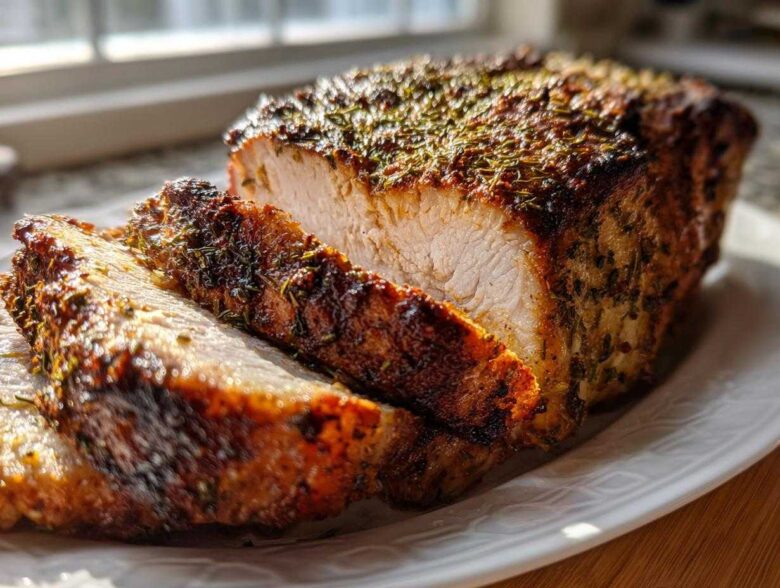 Close-up of a perfectly cooked, juicy pork loin roast with a dark, herbed crust, sliced on a white plate.