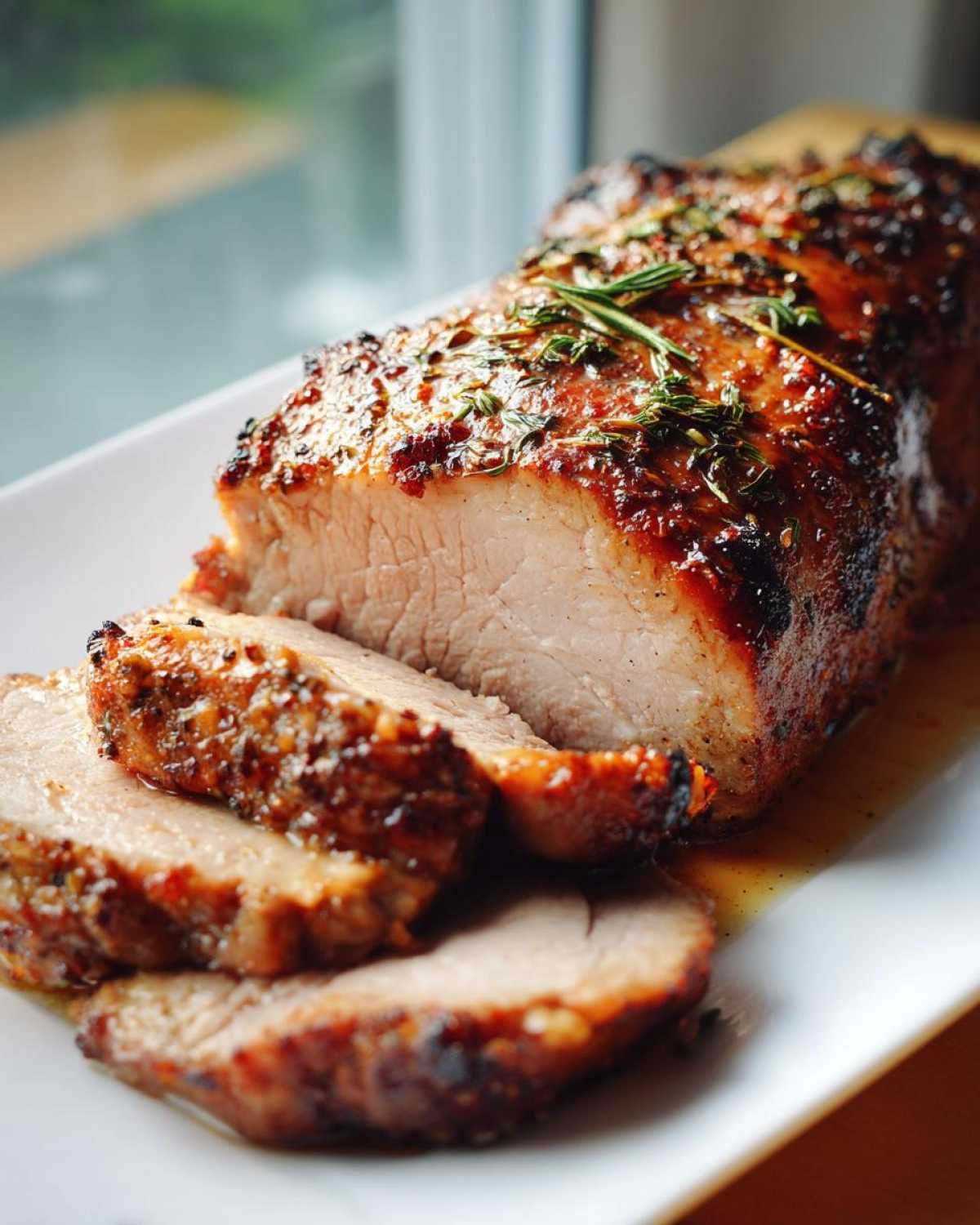 Close-up of a juicy pork loin roast, sliced and showing a perfectly cooked interior and herb crust.