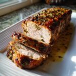 Close-up of a juicy pork loin roast, sliced to show the tender interior and herb crust, resting in pan juices.