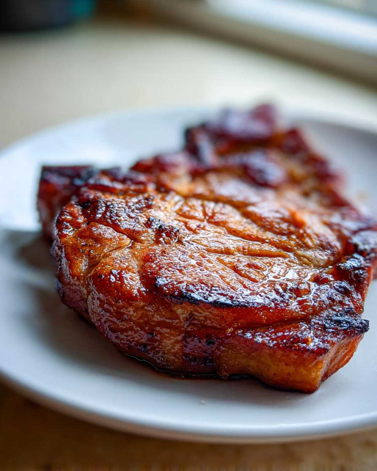 Close-up of a perfectly cooked, glazed pork steak recipe resting on a white plate.