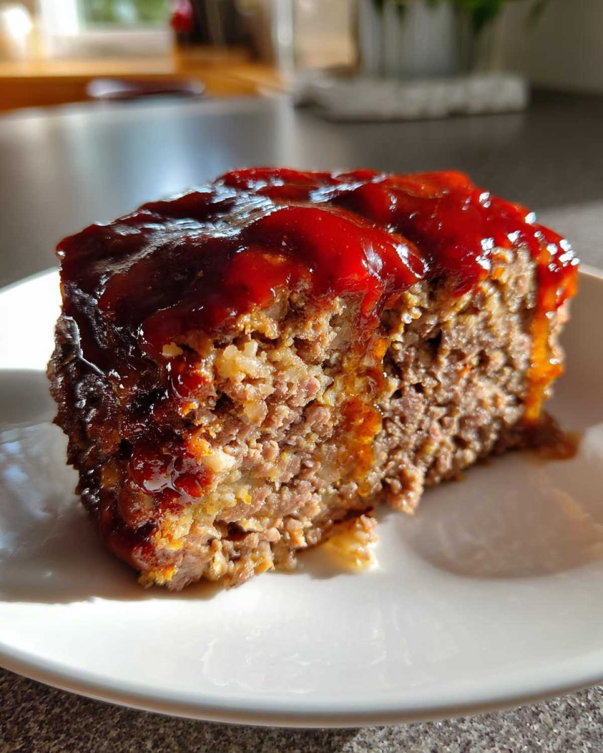 A close-up of a moist slice of Keto meatloaf topped with a thick, shiny red glaze.