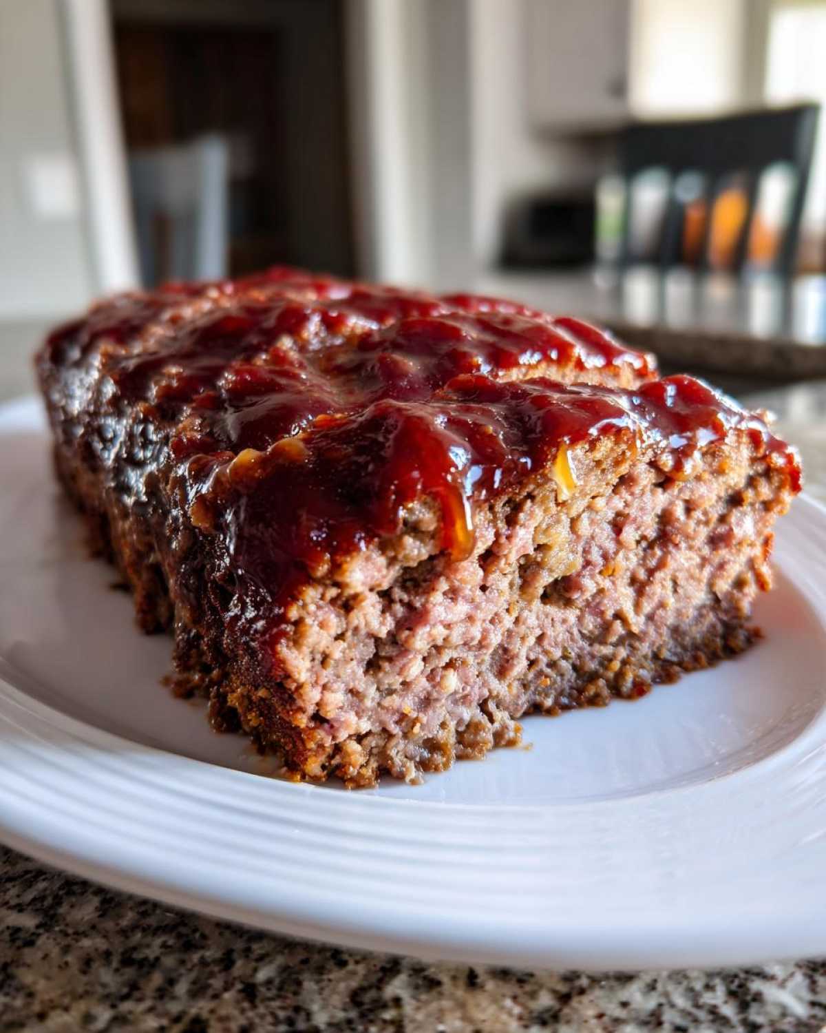 A thick slice of moist Keto meatloaf topped with a shiny, dark red glaze, resting on a white plate.