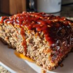 Close-up of a thick slice of moist Keto meatloaf topped with a shiny, dark red glaze.