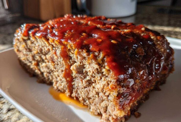 Close-up of a thick slice of moist Keto meatloaf topped with a shiny, dark red glaze.
