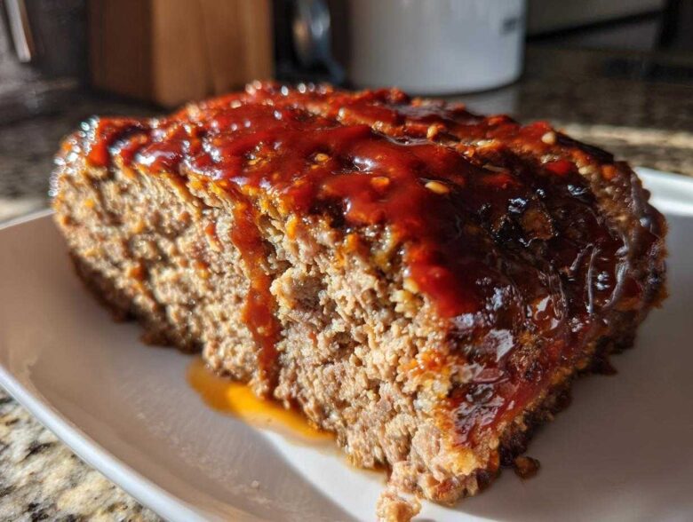 Close-up of a thick slice of moist Keto meatloaf topped with a shiny, dark red glaze.