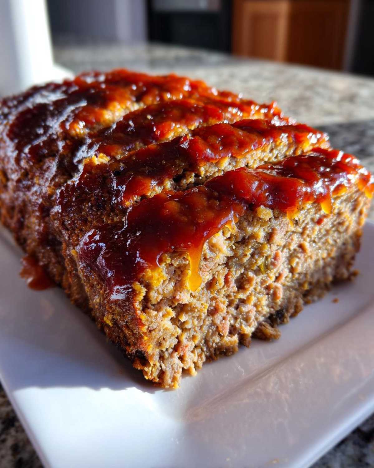 A close-up, appetizing view of a sliced Keto meatloaf covered in a rich, dark glaze, served on a white plate.