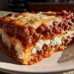 A thick, juicy slice of lasagna with cottage cheese, layered with meat sauce and melted cheese topping.