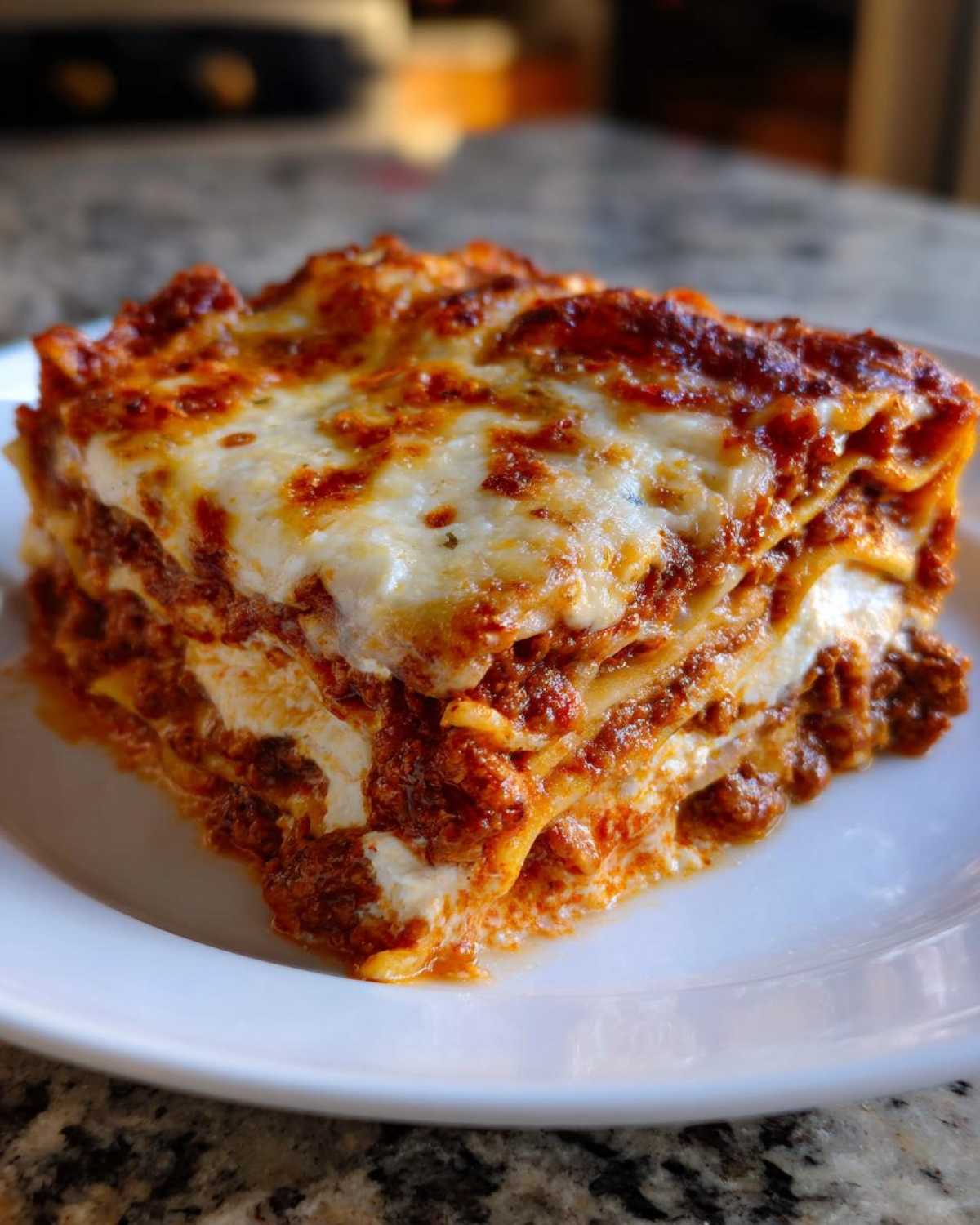 A thick, layered slice of baked Lasagna with Cottage Cheese, topped with browned mozzarella.