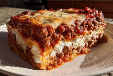 A thick, juicy slice of lasagna with cottage cheese, layered with meat sauce and melted cheese topping.