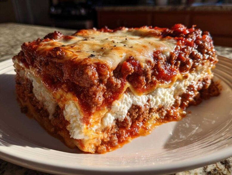 A thick, juicy slice of lasagna with cottage cheese, layered with meat sauce and melted cheese topping.