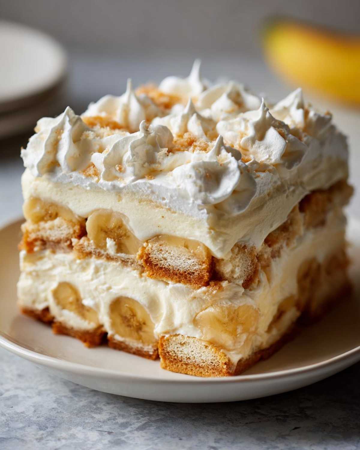 A decadent square slice of layered banana pudding featuring vanilla cream, banana slices, and vanilla wafers, topped with piped whipped cream.