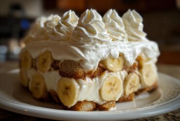 A decadent layered banana pudding dessert featuring vanilla wafers, sliced bananas, and topped with swirls of whipped cream.