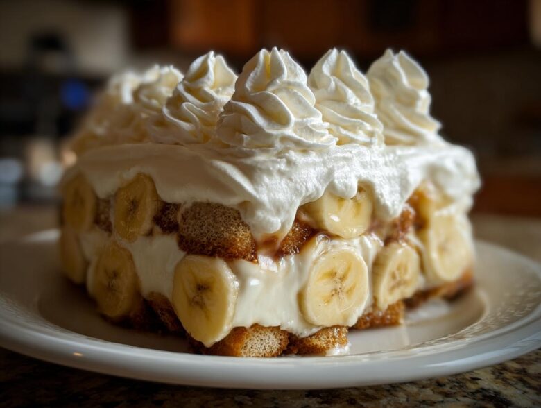 A decadent layered banana pudding dessert featuring vanilla wafers, sliced bananas, and topped with swirls of whipped cream.