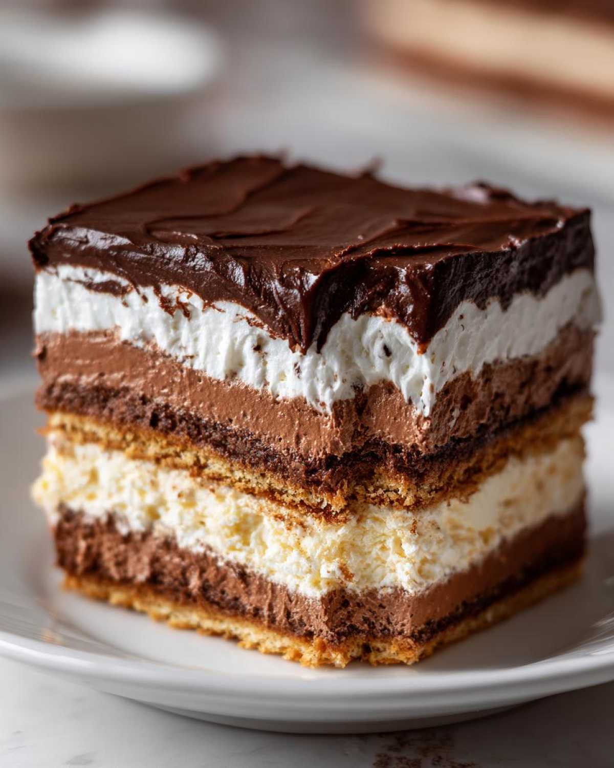 Close-up of a square slice of layered eclair cake showing graham cracker layers, vanilla, and chocolate mousse fillings, topped with chocolate frosting.