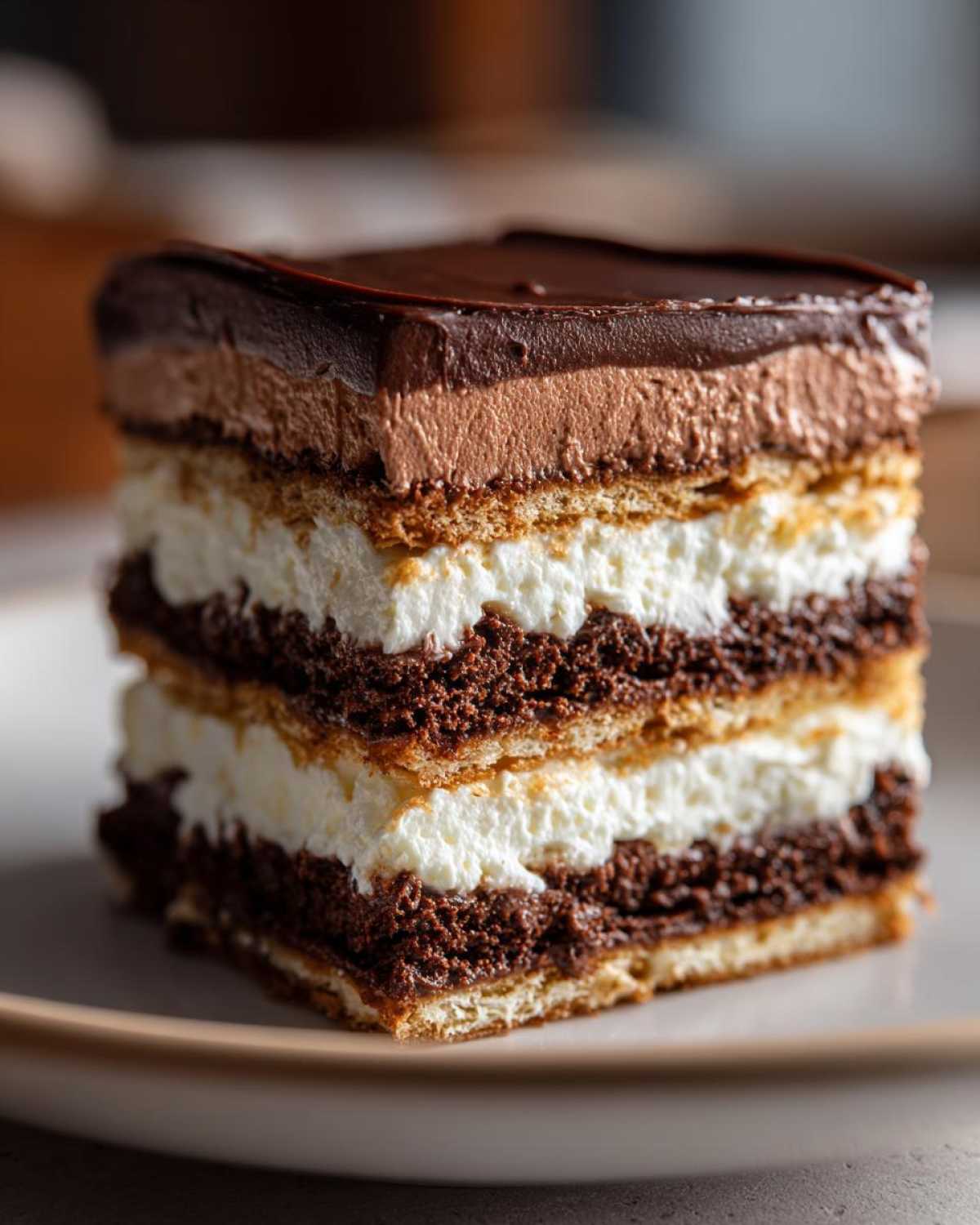 Close-up of a layered slice of eclair cake featuring chocolate, cream, and pastry layers.