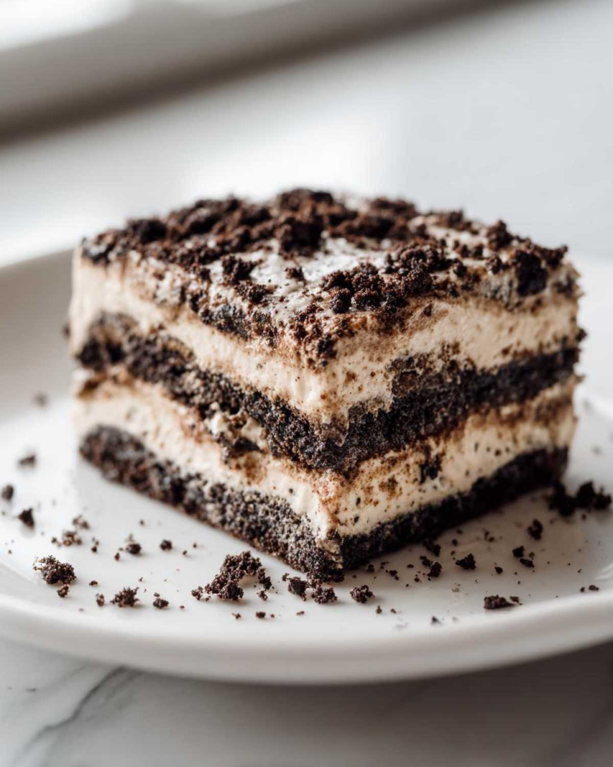 A close-up of a square slice of layered Oreo dirt cake with cream filling and crushed cookie topping.